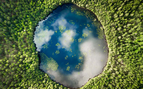 Earth lake. An almost perfect circular lake shot straight down from the air resembles the earth surrounded by a pine forest; Shutterstock ID 1928690141; purchase_order: -; job: -; client: -; other: -