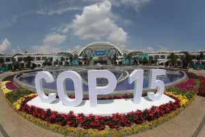 KUNMING, CHINA - SEPTEMBER 30: A sign reading &#039;COP15&#039; is set outside the Dianchi International Convention and Exhibition Center to welcome the upcoming 15th meeting of the Conference of the Parties to the Convention on Biological Diversity (COP15) on September 30, 2021 in Kunming, Yunnan Province of China. (Photo by Yang Zheng/VCG via Getty Images)