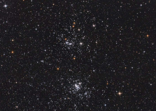 2DC4CH7 Closeup of the double cluster of Perseus constellation, with many stars as background in the deep space, taken with my telescope.