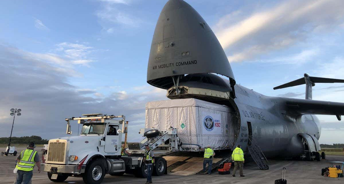 The shipping container holding the Geostationary Operational Environmental Satellite T (GOES-T) is unloaded from a United States Air Force C-5 cargo plane following its arrival at the Launch and Landing Facility runway at NASA?s Kennedy Space Center in Florida on Nov. 10, 2021. Teams then transported the satellite to an Astrotech Space Operations facility in nearby Titusville for prelaunch processing. A collaboration between NASA and the National Oceanic and Atmospheric Administration, GOES-T is scheduled to launch aboard a United Launch Alliance Atlas V rocket from Cape Canaveral Space Force Station on March 1, 2022. The launch is being managed by NASA?s Launch Services Program based at Kennedy, America?s multi-user spaceport.
