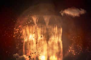 Rocket engines and fire duting the missile launch at night, close up. Elements of this image furnished by NASA.; Shutterstock ID 1327041179; purchase_order: -; job: -; client: -; other: -