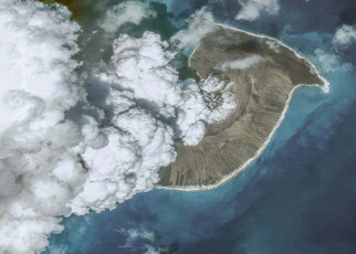 HUNGA TONGA-HUNGA HA'APAI, TONGA ??? DECEMBER 24, 2021: In this image 2. of a series created on January 19, 2022, Maxar overview satellite imagery shows the Hunga Tonga-Hunga Ha'apai volcano on December 24, 2021, before the eruption on January 14th , 2022 in Hunga Tonga-Hunga Ha'apai Islands, Tonga. (Photo by Maxar via Getty Images)