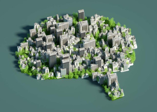 Digital generated image of Sustainable city in shape of human brain on green background.