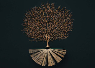 Golden tree growing from the old book, Education and knowledge concept. Flat lay.; Shutterstock ID 2105839085; purchase_order: -; job: -; client: -; other: -