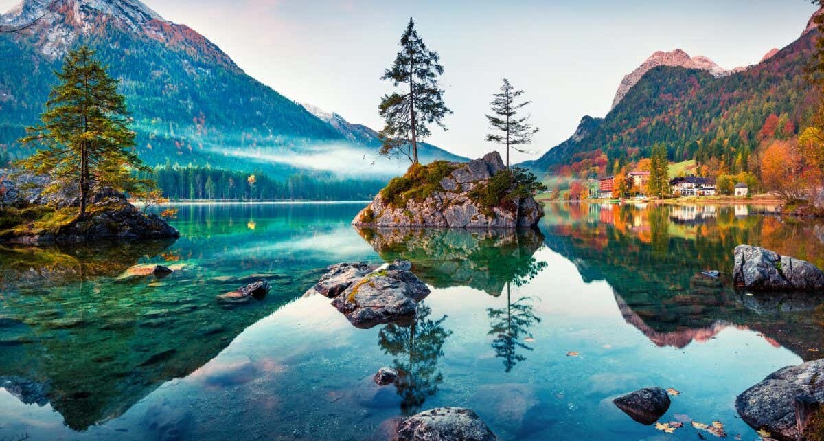 Beautiful autumn scene of Hintersee lake. Colorful morning view of Bavarian Alps on the Austrian border, Germany, Europe. Beauty of nature concept background.; Shutterstock ID 747646759; purchase_order: -; job: -; client: -; other: -