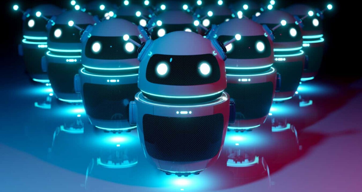 White chatbot robot leading robots group on dark bluish reddish background leadership chatbot concept 3D rendering; Shutterstock ID 1707821734; purchase_order: -; job: -; client: -; other: -
