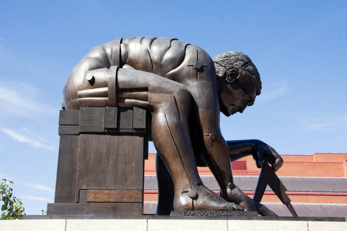 BE1R6W bronze statue based on William Blake's study of Isaac Newton by Eduardo Paolozzi British Library London England