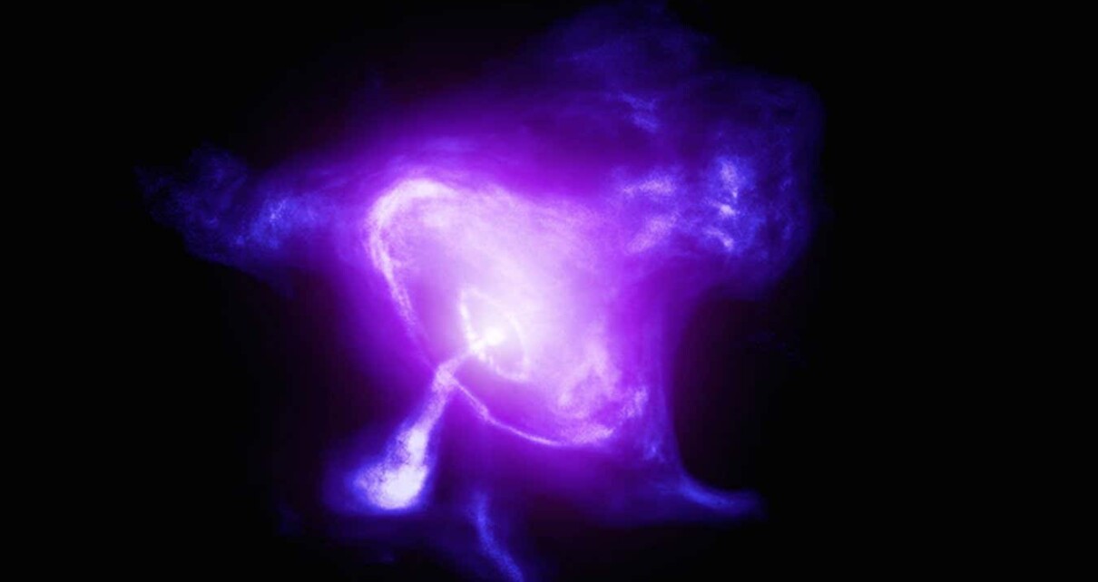 A composite image of the Crab Nebula features X-rays (blue and white), optical data (purple), and infrared data (pink)