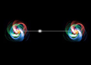 Quantum entanglement. Conceptual artwork of a pair of entangled quantum particles or events (left and right) interacting at a distance. Quantum entanglement is one of the consequences of quantum theory. Two particles will appear to be linked across space and time, with changes to one of the particles (such as an observation or measurement) affecting the other one. This instantaneous effect appears to be independent of both space and time, meaning that, in the quantum realm, effect may precede cause.
