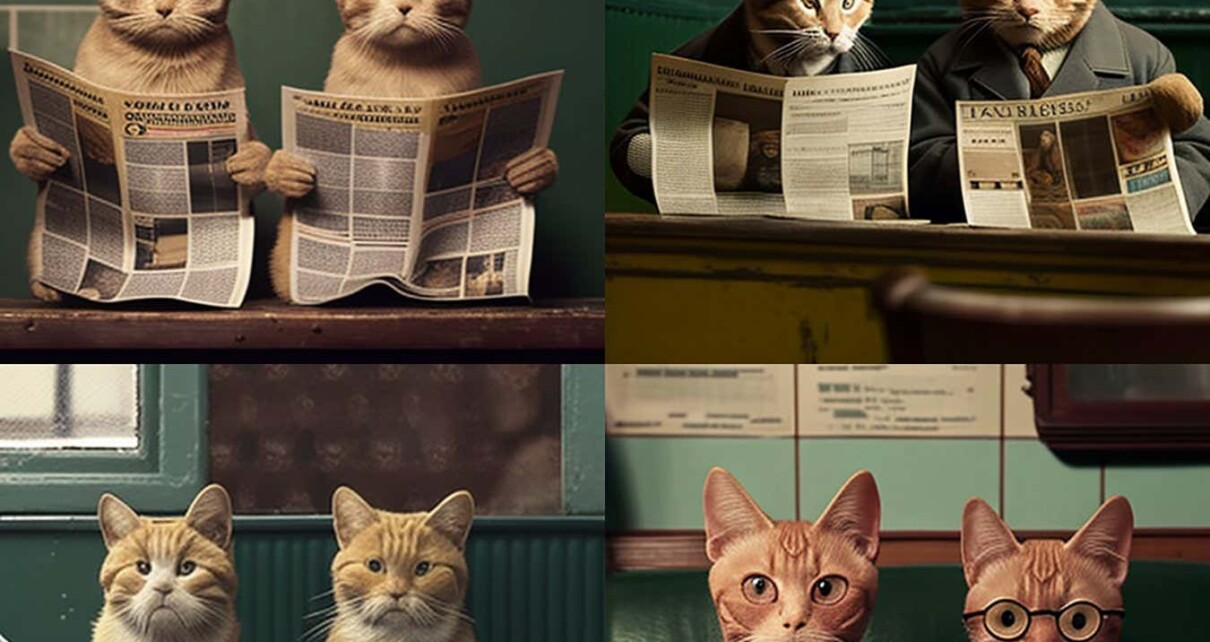 Prompt: 2 sad cats reading a newspaper in a Wes Anderson film