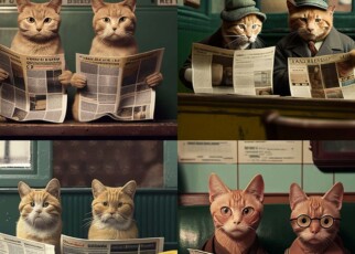 Prompt: 2 sad cats reading a newspaper in a Wes Anderson film