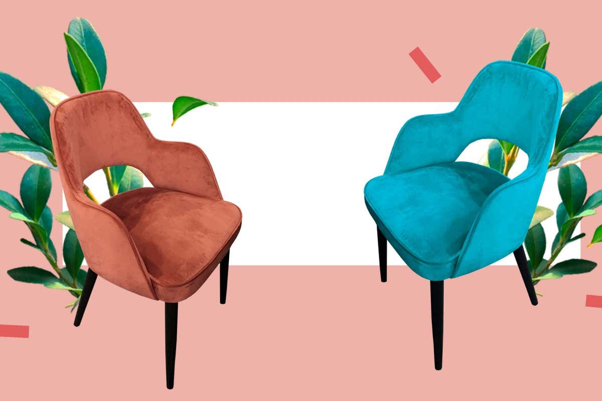 Stylish designer chairs with fresh plants isolated on abstract colorful background. Psychologist consultation. Collage banner design. Copy space. Place to meditate, relax or interview; Shutterstock ID 1692412636; purchase_order: -; job: -; client: -; other: -