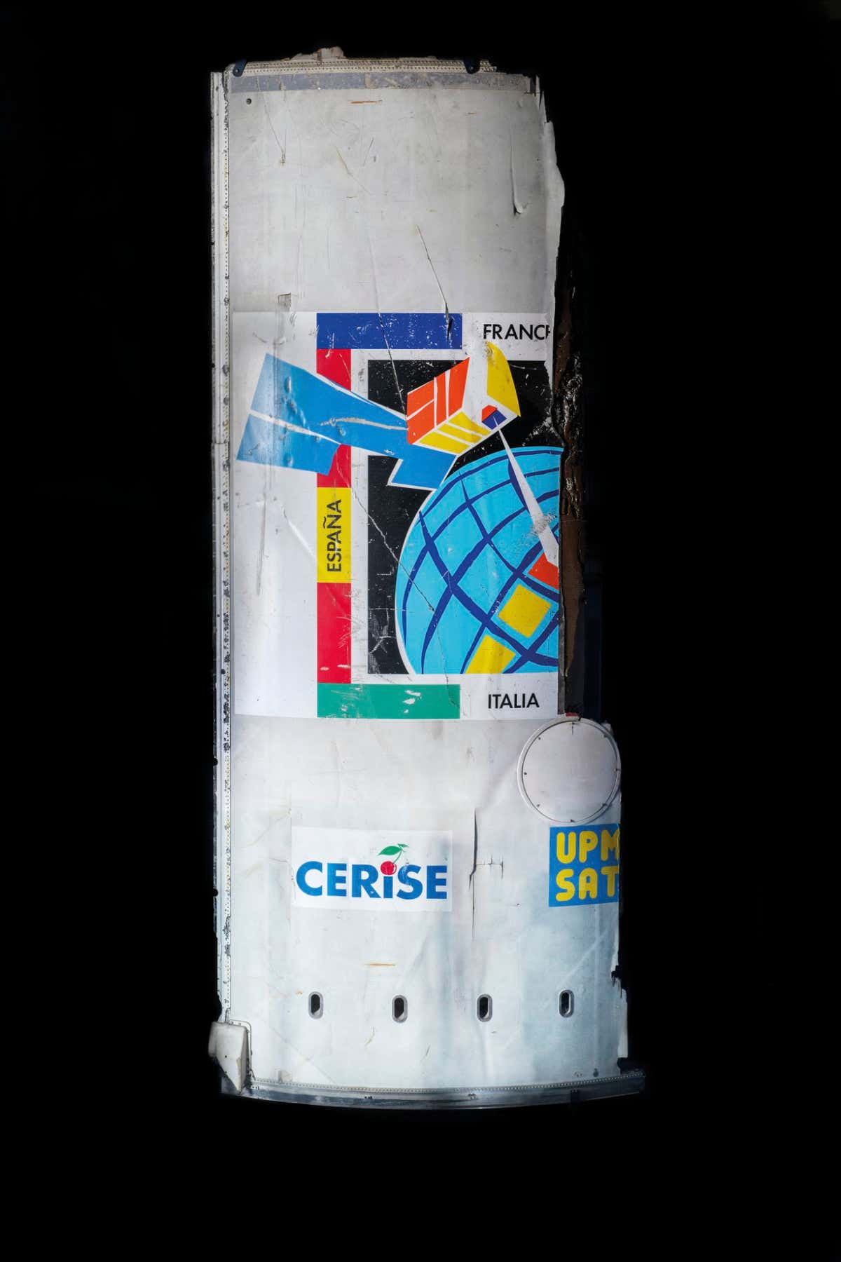 SPACE DEBRIS FROM ARIANE 4 ROCKET Cerise was a French military reconnaissance satellite, launched in 1995 on an Ariane 4 rocket. A year later it was struck by a piece of space debris. The impact severed a boom arm that helped stabilise the spacecraft. This accident was the first verified collision between an active satellite and a piece of space debris. This piece of the Ariane 4 is from the National Air and Space Museum of France?s collection.
