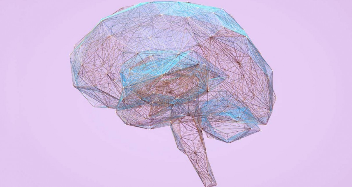 Digital generated image of low poly net structured transparent data brain made out of golden wires with glowing blue edges against purple background.