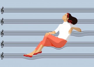 Illustration of woman sat on musical scale notation