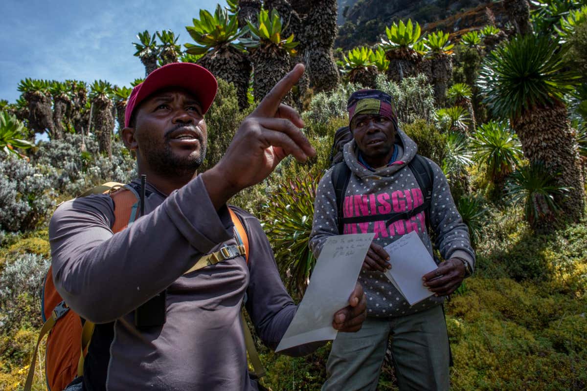 Enock Bwambale (L), deputy cheif guide for the Rwenzori Trekking Services, and Uzia Kule (R) compare a photo by Italian photographer Vittorio Sella taken in 1905 to today's view of Lake Kitendara below Mount Stanely and Mount Baker in the Rwenzoris.