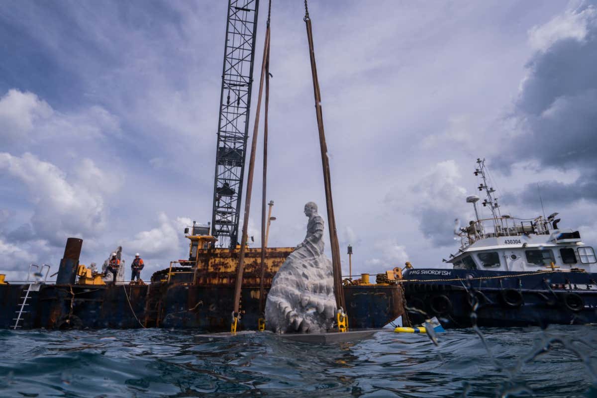 Dr Richard Braley, an expert of Giant clams is lowered into the sea from the barge