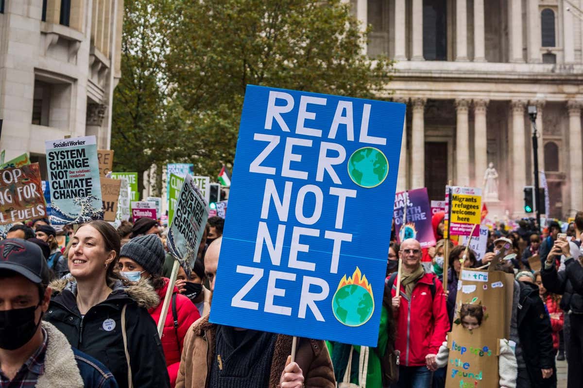 2H57CRH Real zero no net zero placard, Global Day of Action for Climate Justice demonstration, London, UK. 6th November 2021