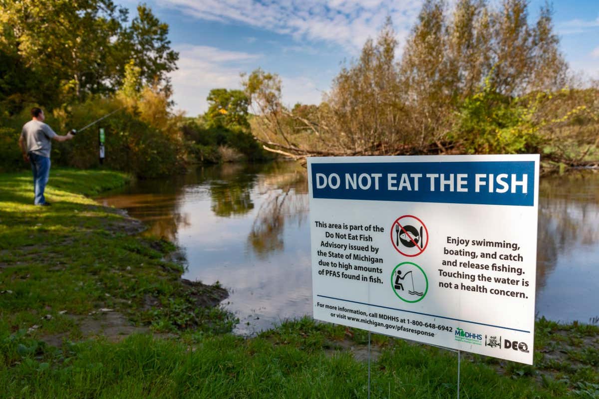 A sign on the Huron river in Michigan warning of high levels of PFAS