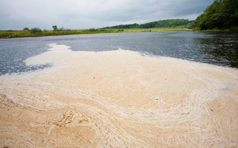 Scum floating on the River Ribble near Clitheroe in Lancashire, UK