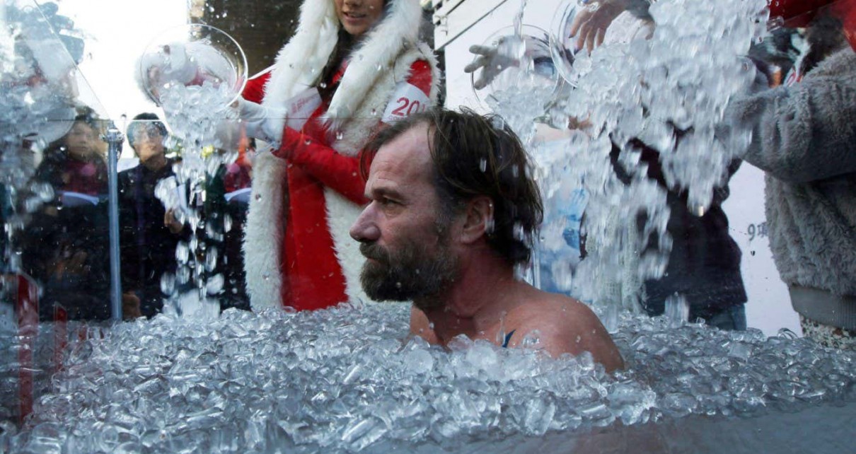 Wim Hof in icy water at an event to increase awareness of climate change in Hong Kong in 2010