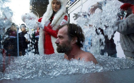 Wim Hof in icy water at an event to increase awareness of climate change in Hong Kong in 2010