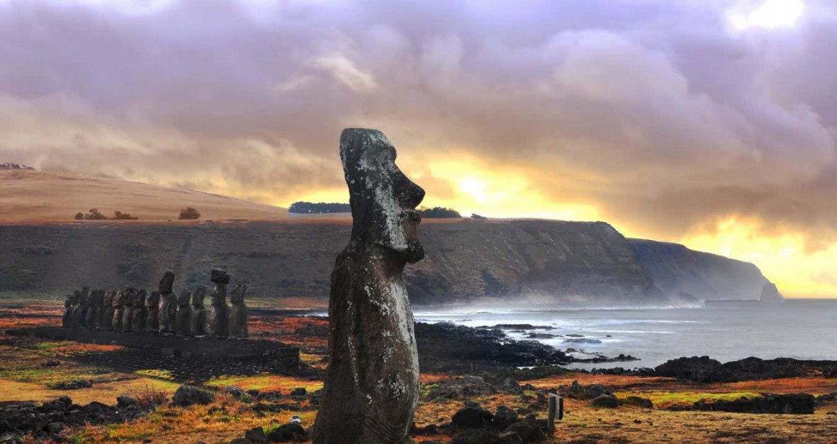 Sunrise over Ahu Tongariki Moai in Easter Island, Chile