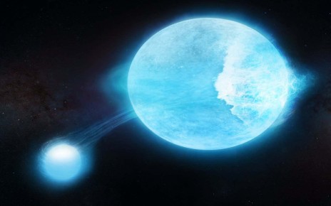 Artist's depiction of binary star system MACHO 80.7443.1718, with huge waves rising on the larger star