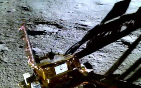 Chandrayaan-3's Pragyan rover going down a ramp from the lander to reach the surface of the moon