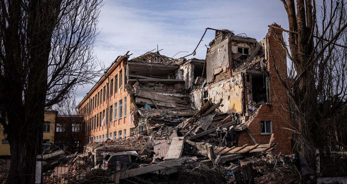 A school building damaged from shelling in the city of Chernihiv, Ukraine