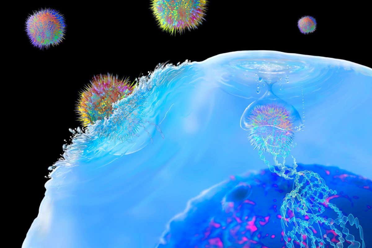 Illustration of CAR T-immune cells attacking a cancer cell