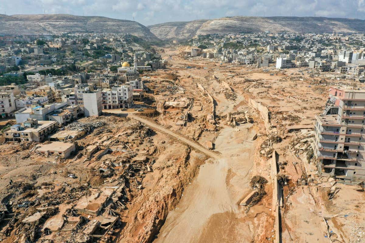 The Libyan city of Derna on 18 September, just over a week after two nearby dams collapsed and caused devatasting floods
