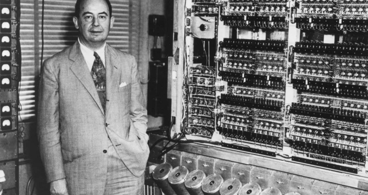 John von Neuman and the Institute for Advanced Study computer, a fully automatic, digital, all-purpose computing machine constructed by him and his team, 1945. (Photo by PhotoQuest/Getty Images)