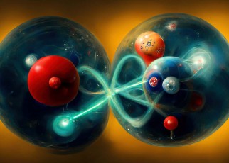 Subatomic particles and atoms, conceptual illustration.