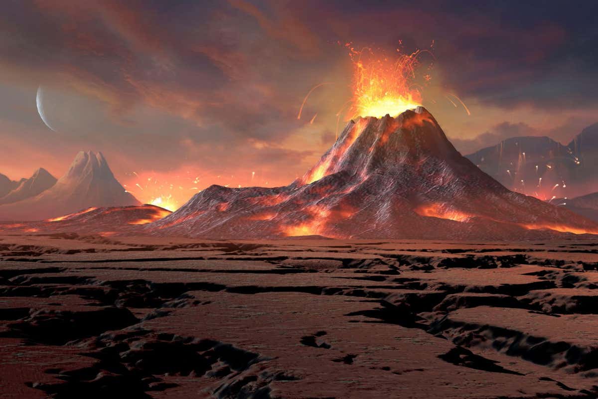 An illustration of the early surface of Earth with a volcano erupting in the background.