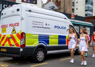 CARDIFF, WALES - JUNE 20: Police facial recognition cameras in operation on Westgate Street ahead of a Harry Styles concert at the Principality Stadium on June 20, 2023 in Cardiff, Wales. Members of the European Parliament recently backed an effective ban on live face recognition cameras in public. A live face recognition camera works by comparing faces with a "watch list" using Artificial Intelligence. (Photo by Matthew Horwood/Getty Images)