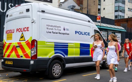 CARDIFF, WALES - JUNE 20: Police facial recognition cameras in operation on Westgate Street ahead of a Harry Styles concert at the Principality Stadium on June 20, 2023 in Cardiff, Wales. Members of the European Parliament recently backed an effective ban on live face recognition cameras in public. A live face recognition camera works by comparing faces with a "watch list" using Artificial Intelligence. (Photo by Matthew Horwood/Getty Images)
