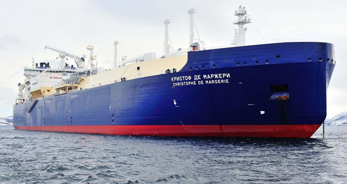 An ice-breaking liquefied natural gas-carrying tanker