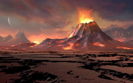 An illustration of the early surface of Earth with a volcano erupting in the background.