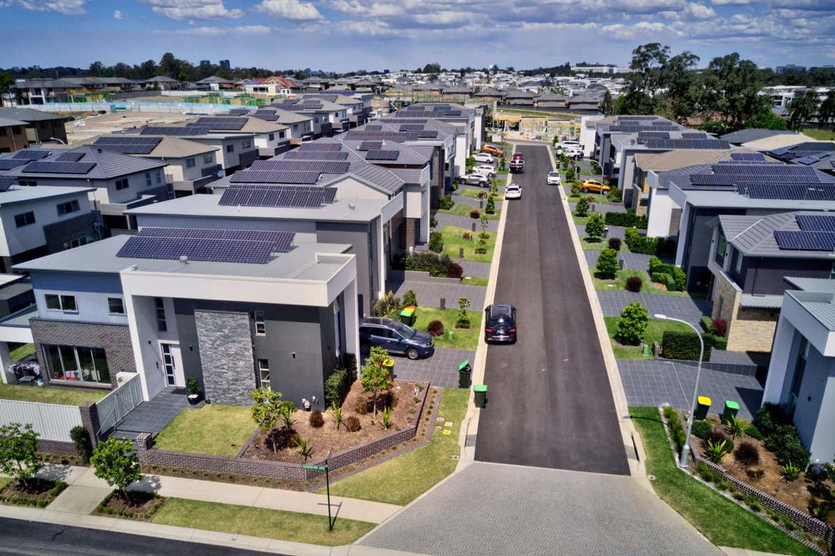 2FM0KRW Aerial of heat sink type modern housing estate with private roads Kellyville Western Sydney Australia.