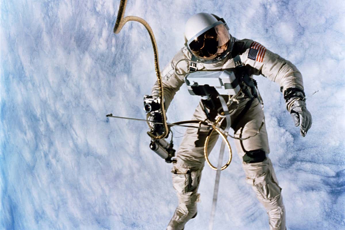 Ed White on a spacewalk during the Gemini 4 mission, 1965. Occasionally tools still get lost, floating off into space ?on a definite trajectory going somewhere?, in the words of Ed White. Spacewalking remains the most physically and mentally demanding task for any astronaut, and the one that carries the greatest risk.