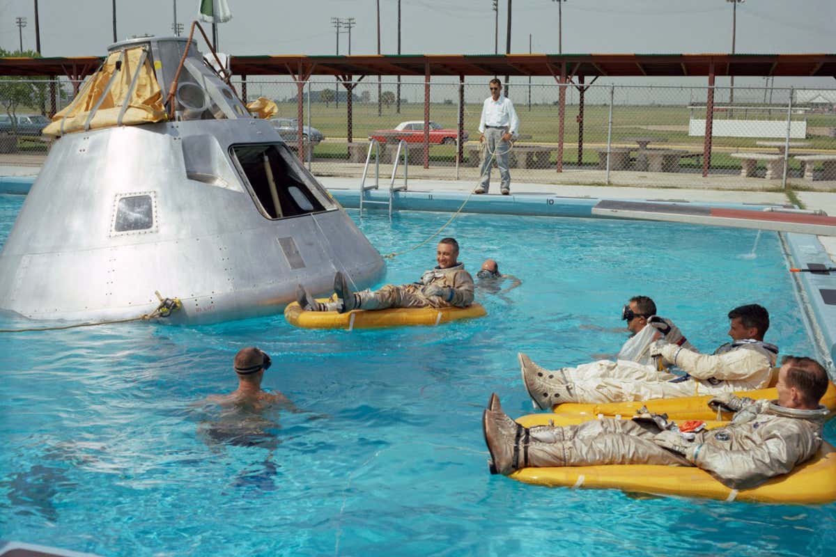 Gus Grissom, Ed White and Roger Chaffee, the crew of Apollo 1, during capsule training. All later tragically died in a fire during a training exercise on the launch pad on 27 January 1967.