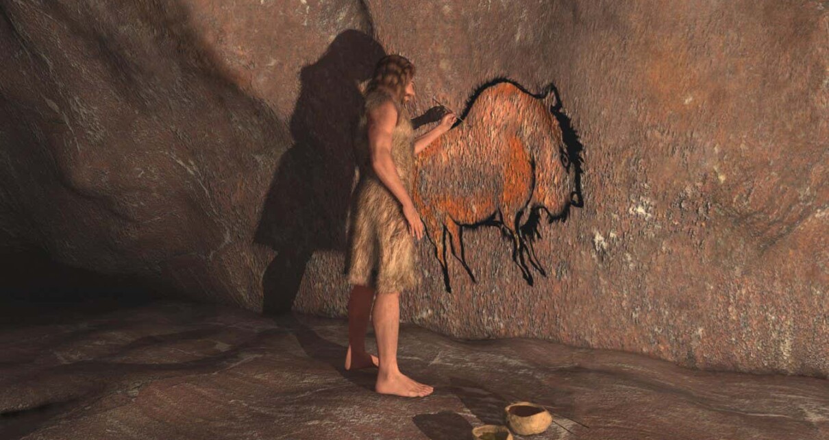 RGAJ63 Caveman painting in a cave