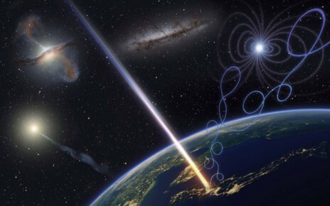 Illustration of an ultra-high-energy cosmic ray hitting Earth