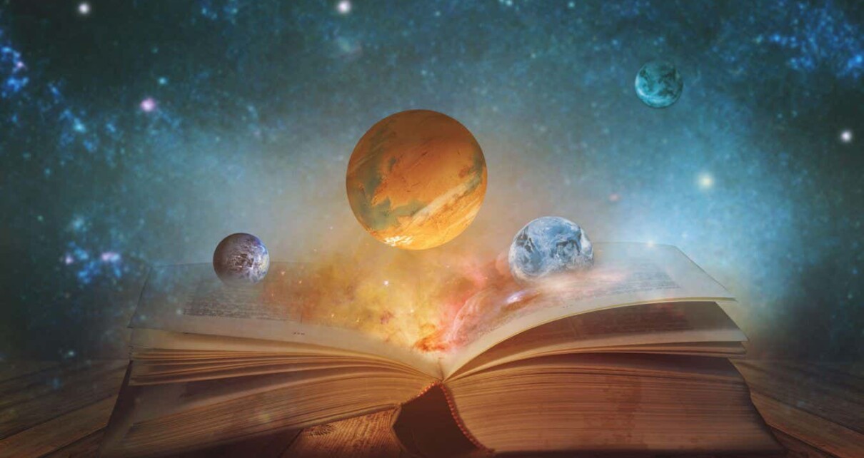 2F3WH8B Book of the universe - opened magic book with planets and galaxies. Elements of this image furnished by NASA