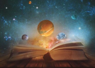 2F3WH8B Book of the universe - opened magic book with planets and galaxies. Elements of this image furnished by NASA