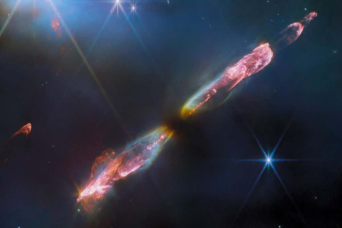 https://webbtelescope.org/contents/media/images/2023/141/01H9NWH9JEBFPKVD3M1RRTGGQJ Caption NASA?s James Webb Space Telescope?s high resolution, near-infrared look at Herbig-Haro 211 reveals exquisite detail of the outflow of a young star, an infantile analogue of our Sun. Herbig-Haro objects are formed when stellar winds or jets of gas spewing from newborn stars form shock waves colliding with nearby gas and dust at high speeds The image showcases a series of bow shocks to the southeast (lower-left) and northwest (upper-right) as well as the narrow bipolar jet that powers them in unprecedented detail. Molecules excited by the turbulent conditions, including molecular hydrogen, carbon monoxide and silicon monoxide, emit infrared light, collected by Webb, that map out the structure of the outflows. Credits Image ESA/Webb, NASA, CSA, Tom Ray (Dublin)