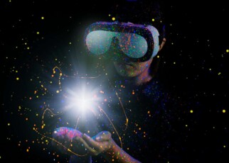Woman on Color ink illuminating with black light,Using a virtual reality headset