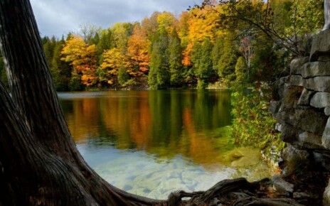 A0XHR7 Fall colored trees reflected off Crawford Lake Ontario Canada