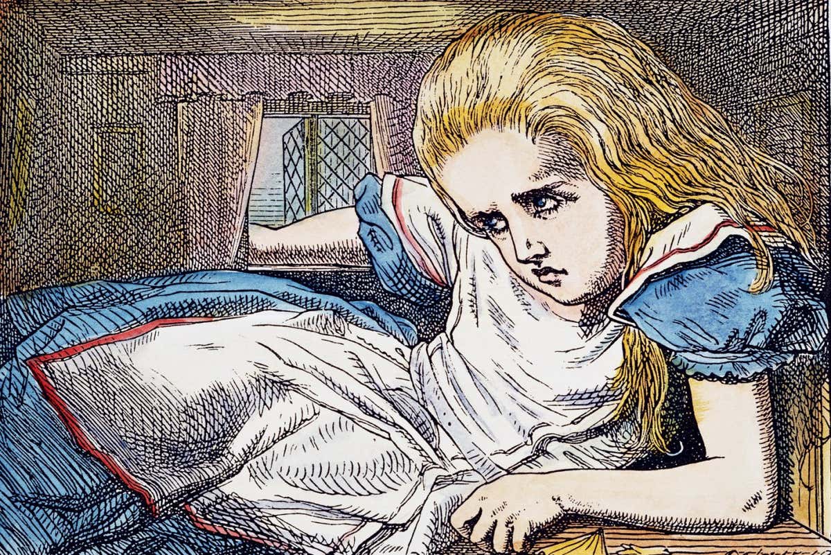 Alice grows out of the room, illustrated by Sir John Tenniel for the first edition of Lewis Carroll's "Alice's Adventures in Wonderland"